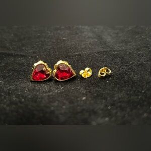 Vintage AVON Ruby Heart Gold Tone Stud Earrings